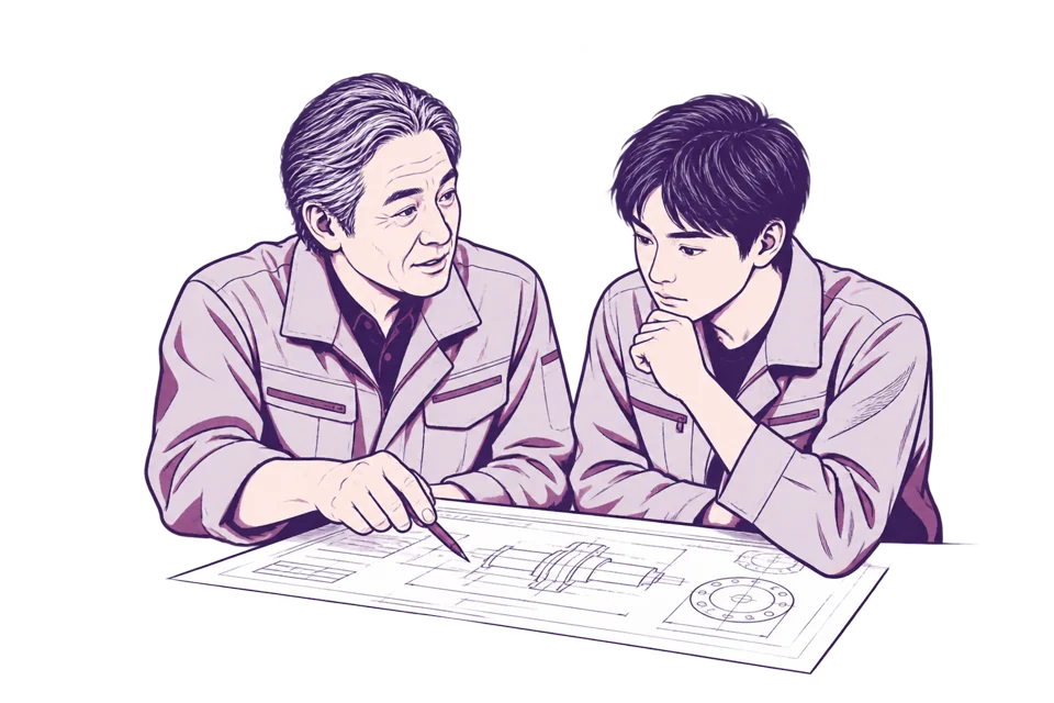 図面を見ながら相談する二人の製造現場の担当者のイラスト